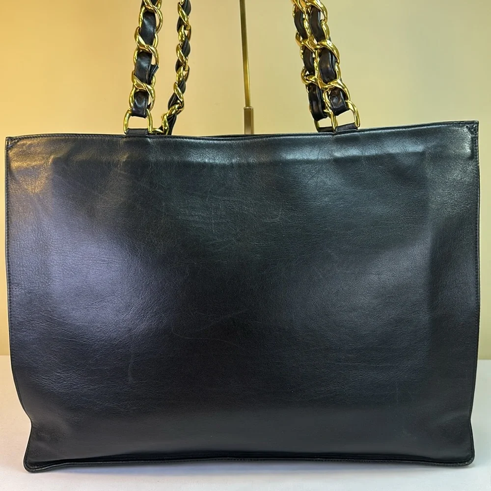 CHANEL CC XL Calfskin Tote With Chunky 24K Goldplated Chain #2 1991-94 COA - Picture 8 of 17